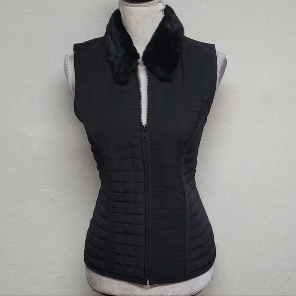 AGB Byer California Retro Y2K Black Faux Fur Collar Full-zip Quilted Vest.Add - Picture 3 of 12